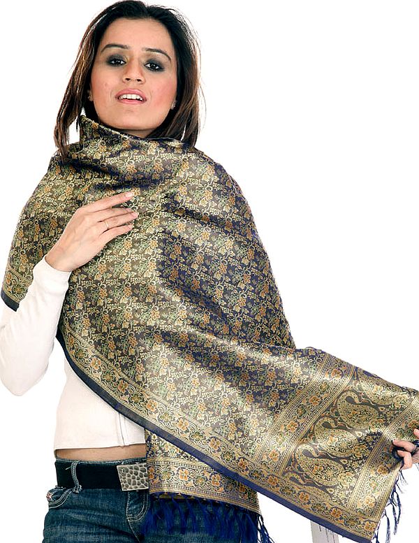 Green and Golden Resham Tehra Stole with Floral Weave All Over