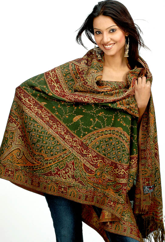 Green and Maroon Paisley Shawl with Kantha Embroidery