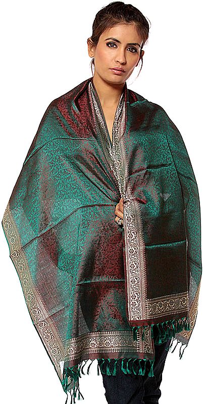 Green Banarasi Hand-Woven Stole with All-Over Tanchoi Weave