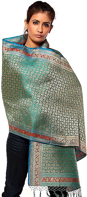 Green Brocaded Banarasi Stole All-Over Paisleys and Flowers