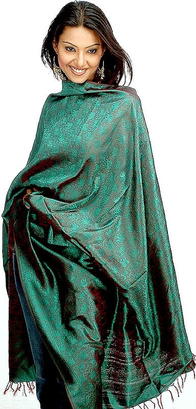 Green Brocaded Shawl from Banaras with Elephants and Deers