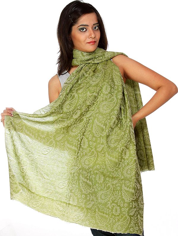 Green Cashmere Stole with Leaves and Paisleys Woven in Self