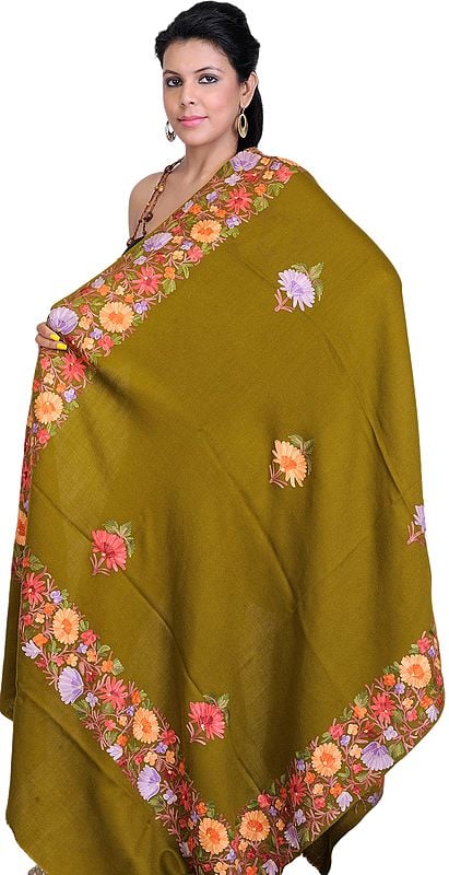 Green Floral Shawl from Kashmir with Aari Embroidered Flowers