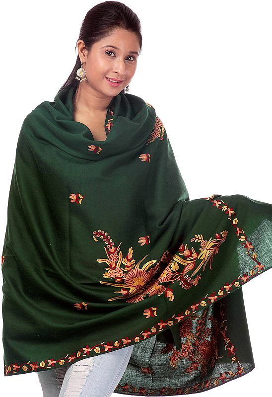 Green Hand-Embroidered Floral Shawl from Kashmir