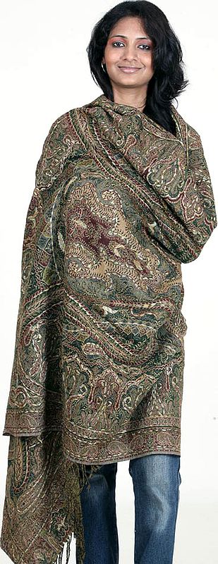 Green Jamawar Shawl with All-Over Embroidery