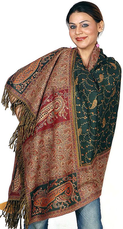 Green Jamawar Shawl with All-Over Sozni Embroidery