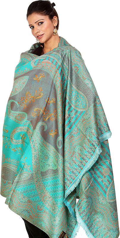 Green Jamawar Shawl with Needle Embroidery Hand