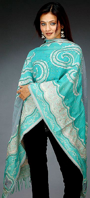 Green Jamawar Stole with Threadwork and Sequins