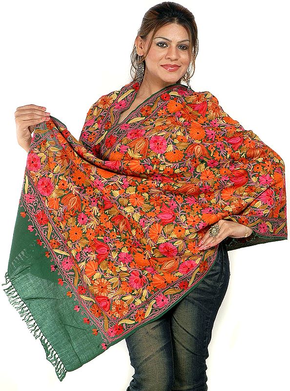 Green Jamdani Stole from Kashmir with Multi-Color Embroidered Tulips