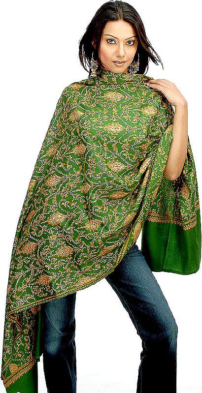 Green Kashmiri Shawl with Needle Embroidery by Hand