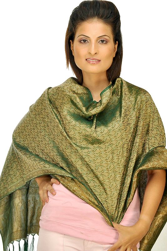 Green Resham Tehra Scarf with Woven Paisleys