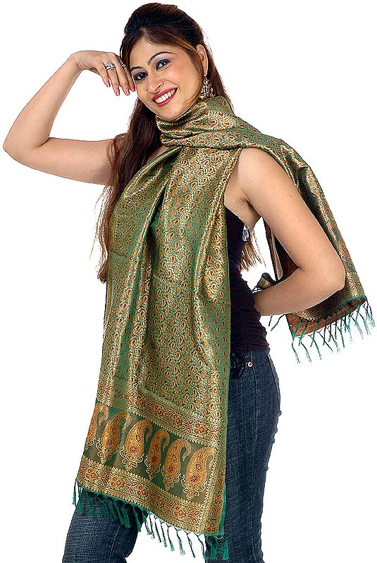 Green Resham Tehra Stole with Tanchoi Weave All Over