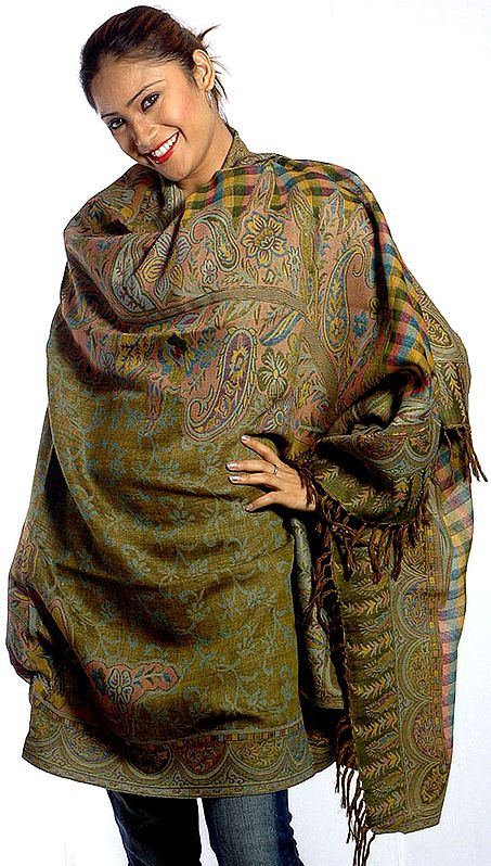 Green Reversible Jamawar Shawl with All-Over Weave