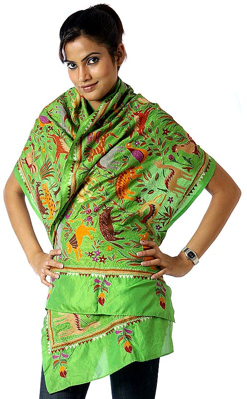 Green Wildlife Scarf from Kolkata with Kantha Stitch Embroidery
