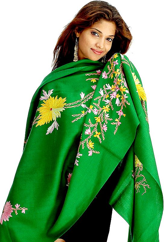 Hand-Embroidered Green Shawl with Aari Work