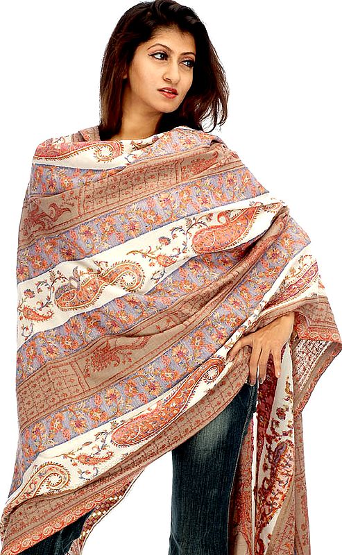 Hand-Embroidered Ivory Kani Shawl with Multi-Color Paisleys