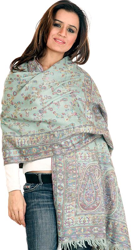 Hand-Embroidered Tea-Green Kani Stole with Multi-Color Weave