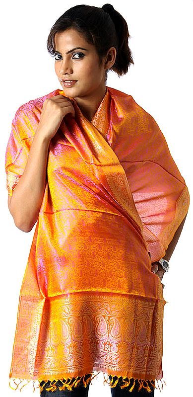 Handwoven Amber Banarasi Stole with Tanchoi Weave