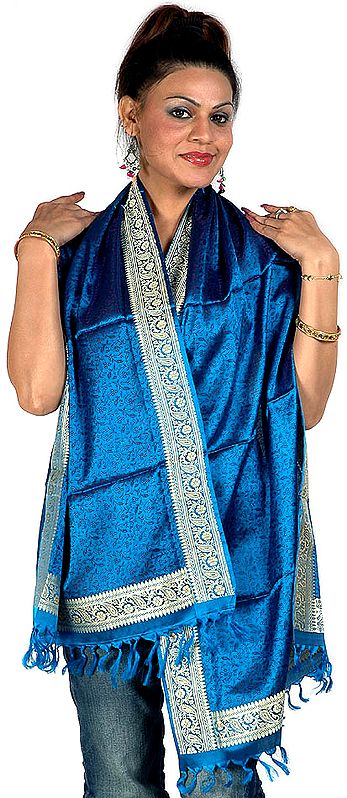 Handwoven Azure Banarasi Stole with Tanchoi Weave