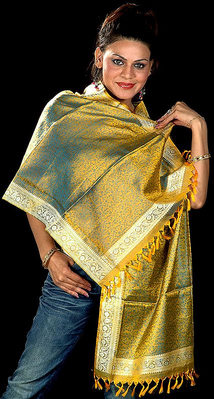 Handwoven Gold and Green Banarasi Stole with Tanchoi Weave