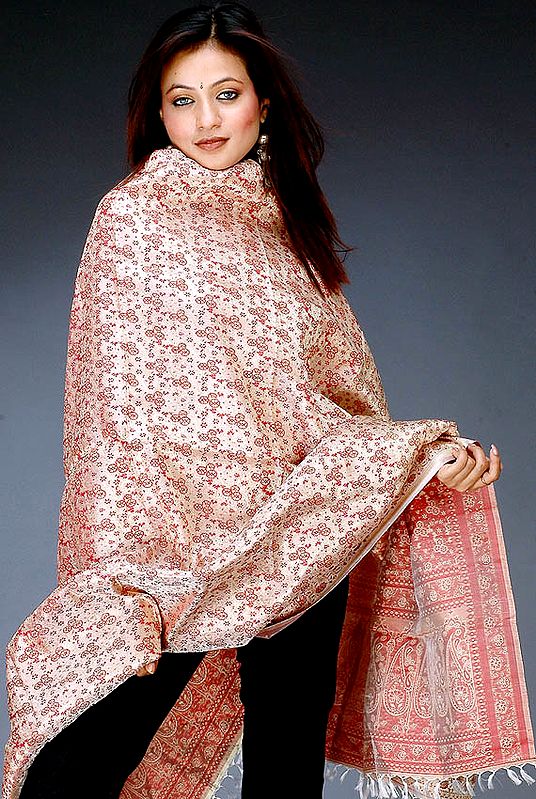 Handwoven Khaki Banarasi Shawl with Floral Weave