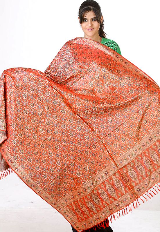 Hand-Woven Orange Resham Tehra Banarasi Shawl