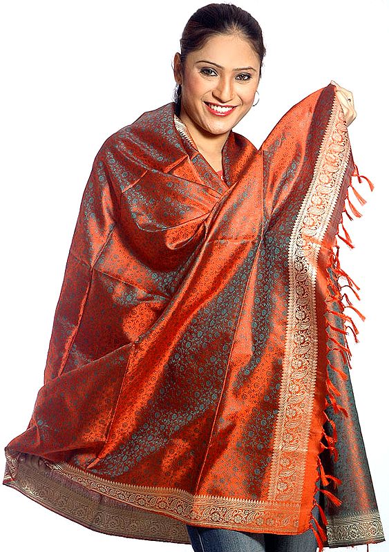 Handwoven Rust Banarasi Shawl with Tanchoi Weave