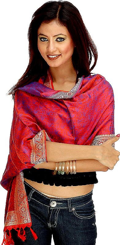 Handwoven Red Banarasi Stole with Tanchoi Weave
