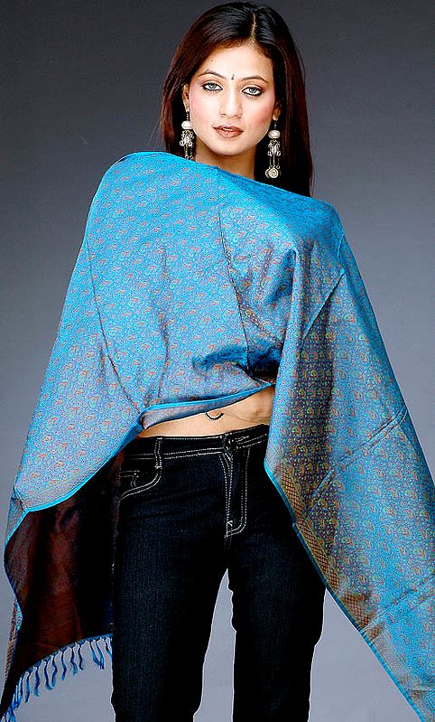 Handwoven Turquoise Banarasi Stole with Tanchoi Weave
