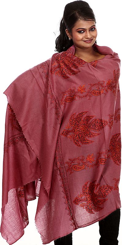 Heather-Rose Pure Pashmina Shawl with Sozni Embroidered Giant Chinar Leaves