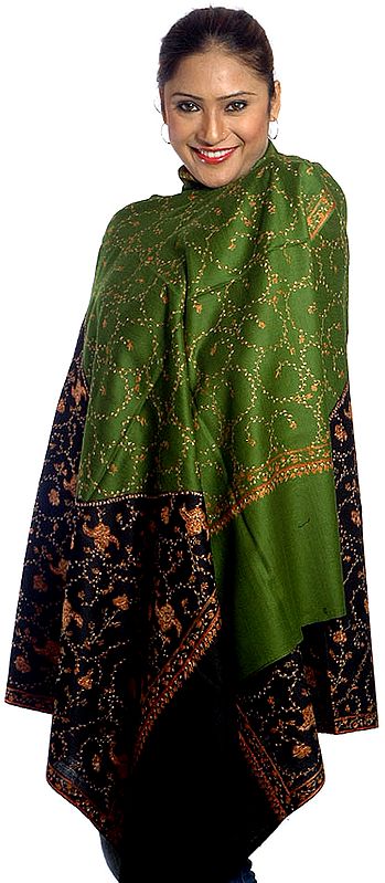 Henna-Green and Black Shawl with All-Over Needle Embroidery