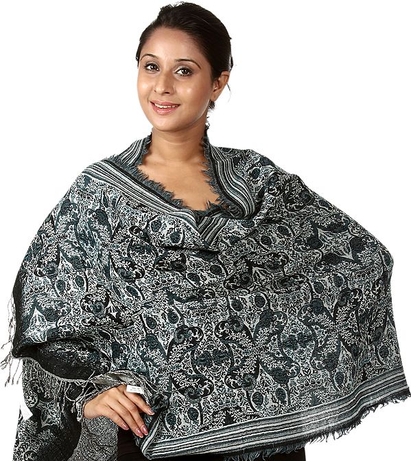 Heritage-Blue Jamawar Stole with All-Over Weave