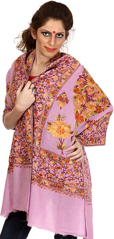 Hot-Pink Aari Stole from Kashmir with Embroidered Flowers and Paisleys