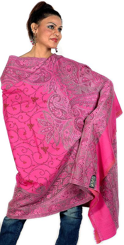 Hot-Pink Jamawar Shawl with Needle-Stitch Embroidery by Hand