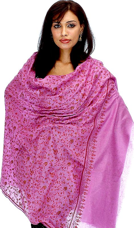 Hot-Pink Pure Pashmina Shawl with All-Over Dense Kashmiri Embroidery by Hand