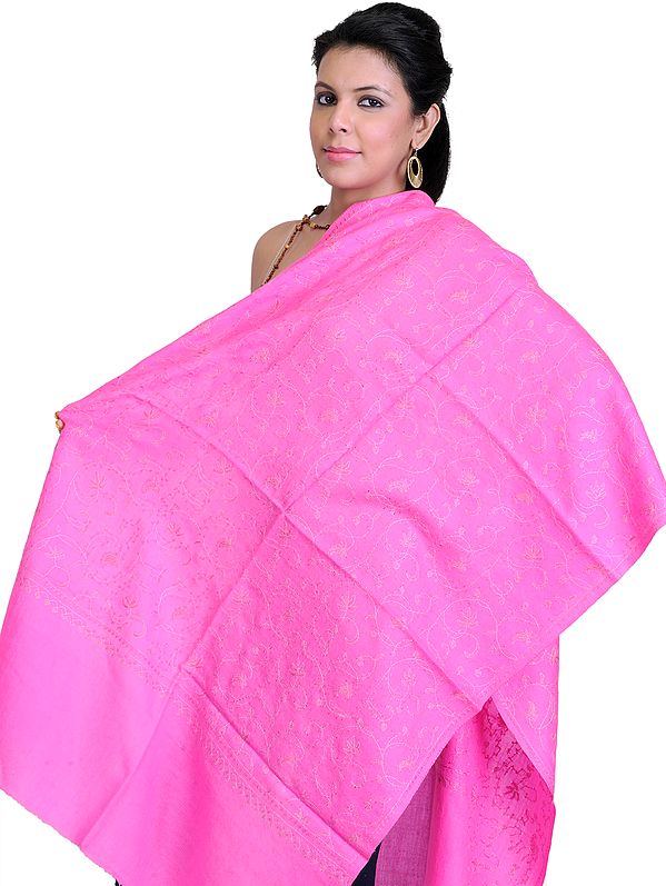 Hot-Pink Stole from Kashmir with Needle Stitch Embroidery All-Over