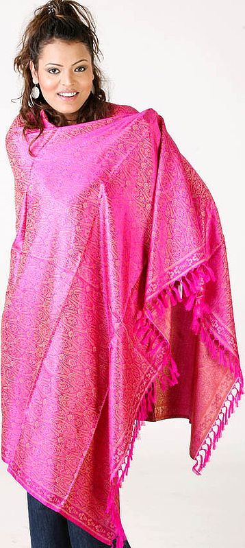 Hot-Pink Tehra Banarasi Shawl Hand-Woven with All-Over Paisleys