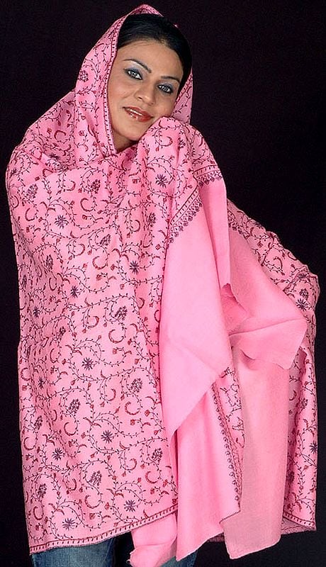 Hot-Pink Tusha Shawl with Needle Embroidery All-Over
