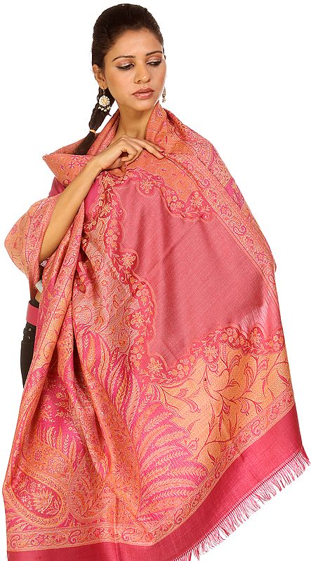 Ibis-Rose Jamawar Shawl with Woven Paisleys and Flowers All-Over