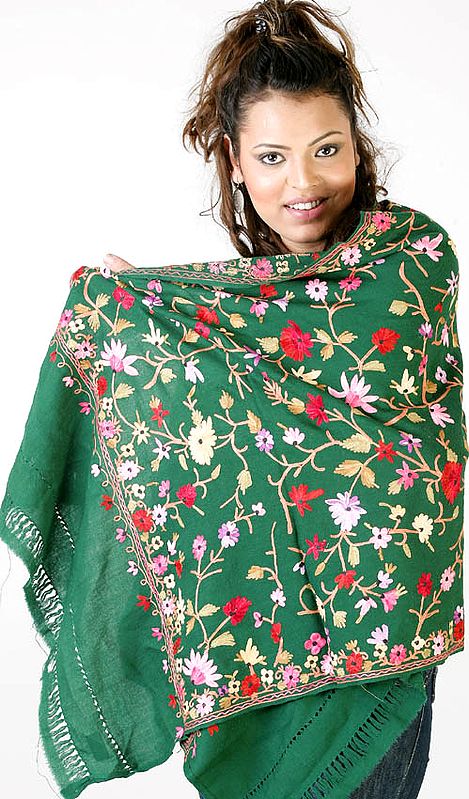 Islamic Green Aari Stole from Kashmir with Floral Embroidery