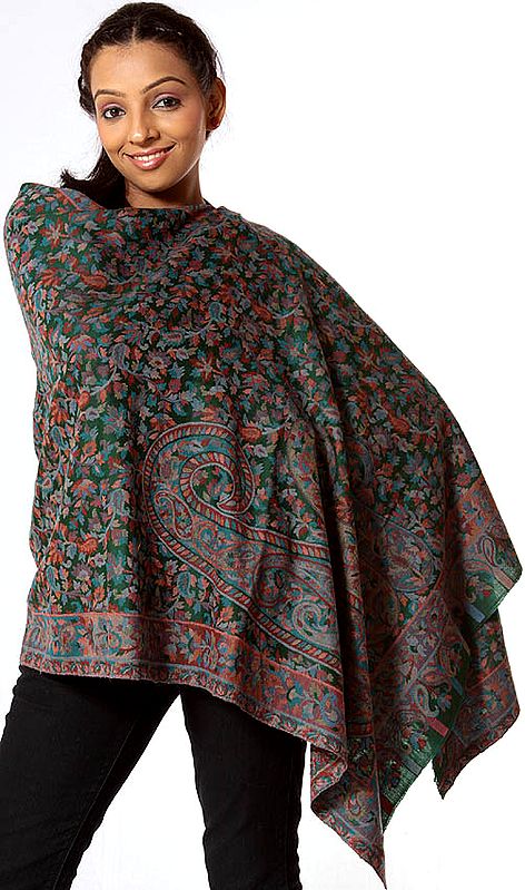 Islamic-Green Kani Stole with Multi-Color Thread Weave