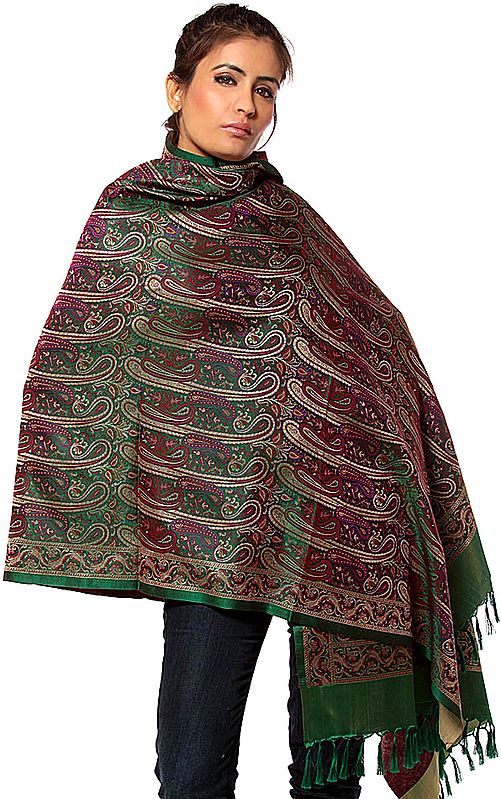 Islamic-Green Stylized Paisley Banarasi Shawl with All-Over Weave