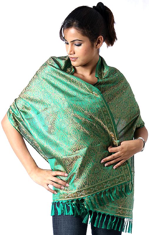 Islamic-Green Tehra Banarasi Stole Hand-Woven with All-Over Paisleys