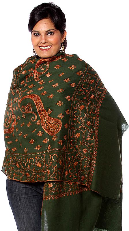 Islamic-Green Tusha Shawl with Sozni Embroidered Paisleys and Bootis