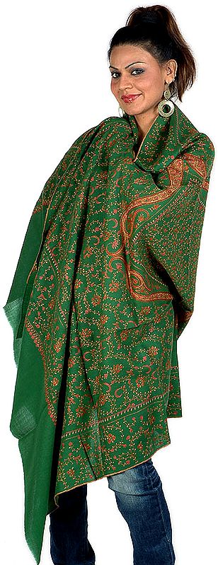 Islamic-Green Tusha Shawl with Sozni Embroidered Paisleys