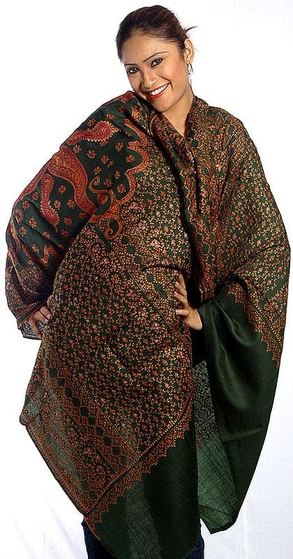 Islamic-Green Tusha Shawl with Sozni Embroidery All-Over