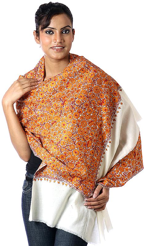 Ivory and Amber Kashmiri Stole with Hand-Embroidered Flowers Resembling Papier Machie