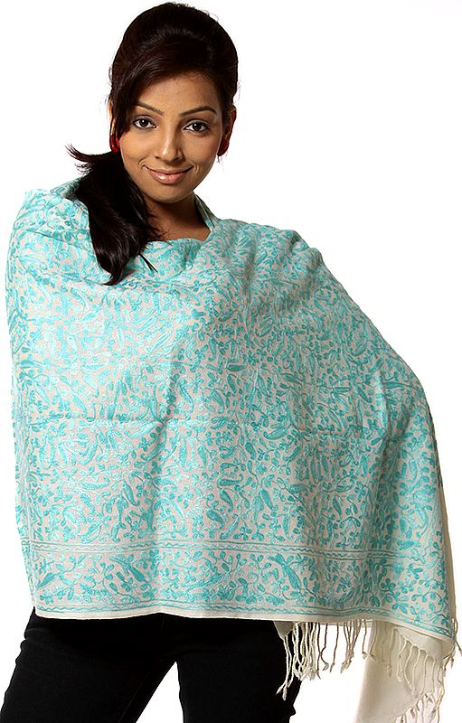 Ivory and Aqua Stole with Aari Embroidery All-Over