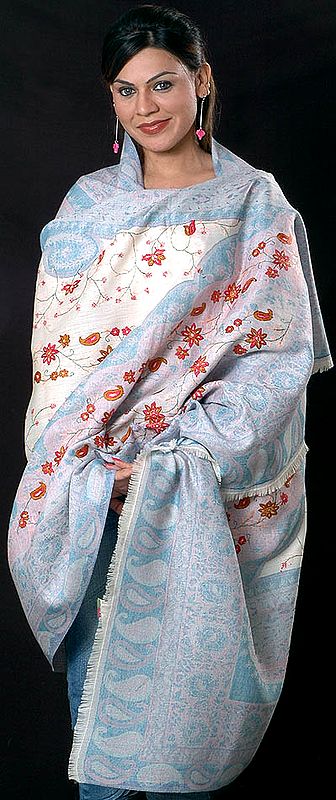Ivory and Blue Jamawar Shawl with All-Over Needle Stitch Embroidery