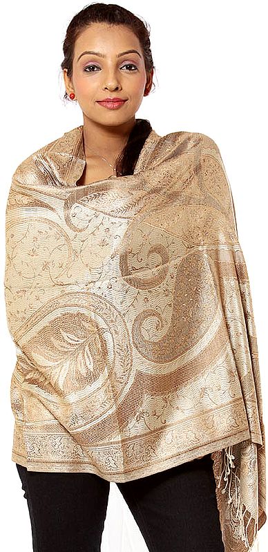 Ivory and Brown Jamawar Stole with All-Over Weave